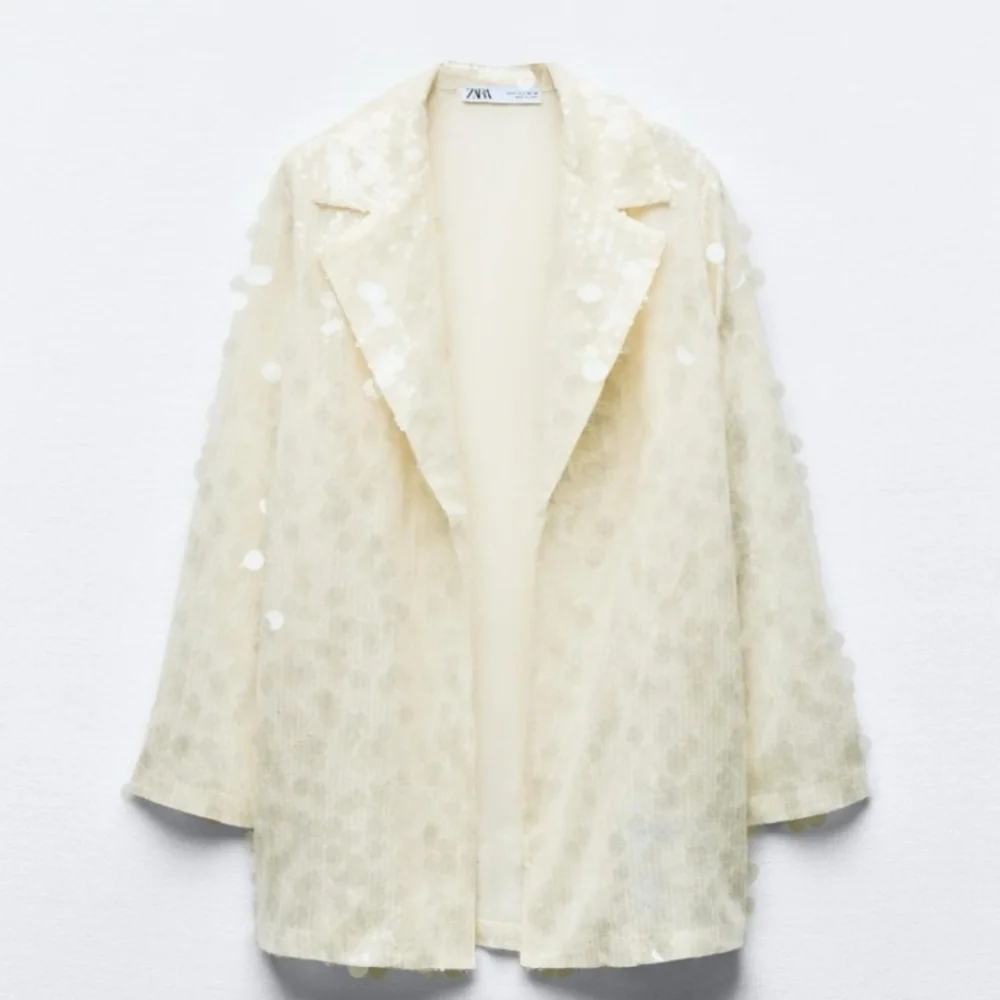 ZARA SEQUIN OPEN FRONT BLAZER Size S Cream - Picture 4 of 16